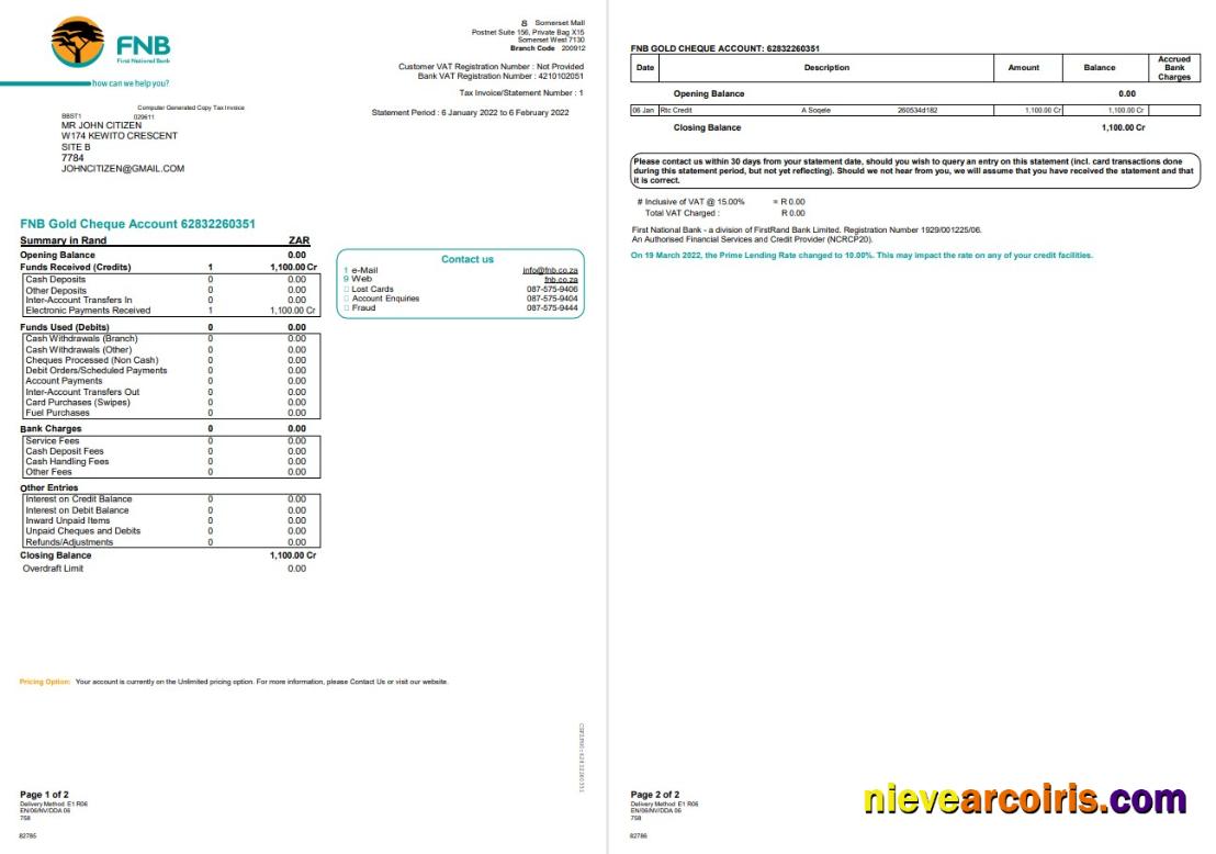 South Africa FNB bank statement 2 pages